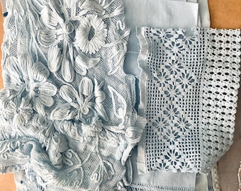 Vintage textile scrap pack, 10–12 pcs dyed pale blue with lace and embroidery. Perfect for junk journals, slow stitching or Christmas crafts