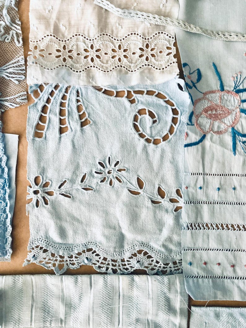 Vintage Textile Scrap Pack, 10–12 Pcs Dyed Pale Blue With Lace and ...