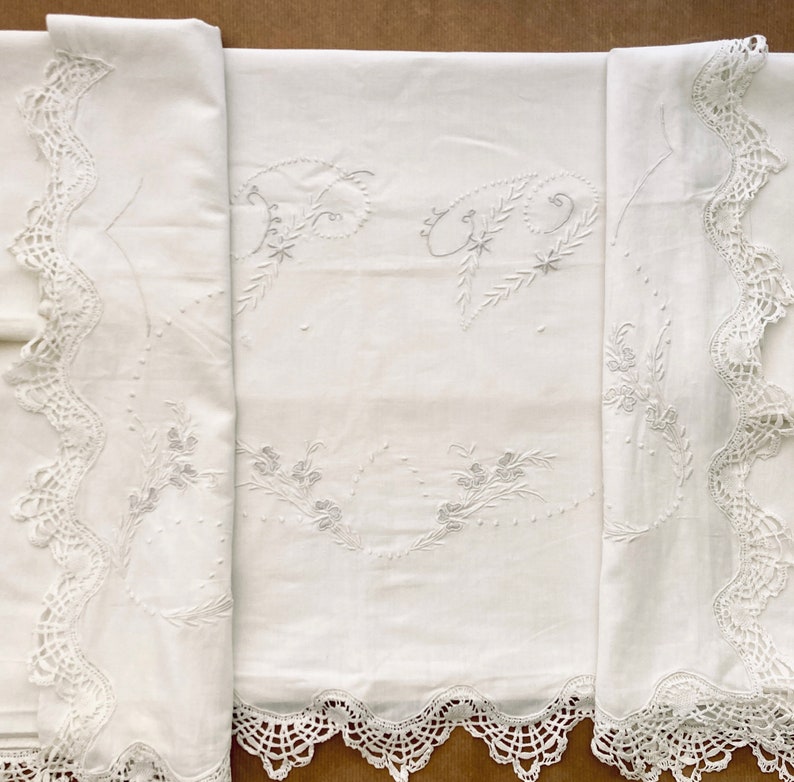 Antique Cotton Queen Size Sheet. Cover Sheet Monogramed in White