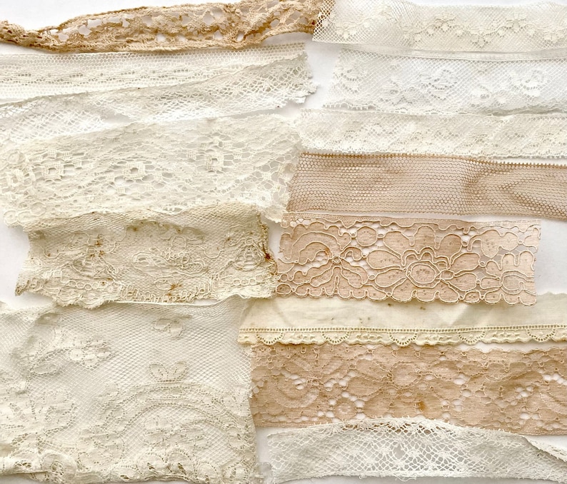Beautiful antique and vintage lace and trim grab bag. 14 different designs of old cotton laces for Junk journal, slow stitching, textile art image 6