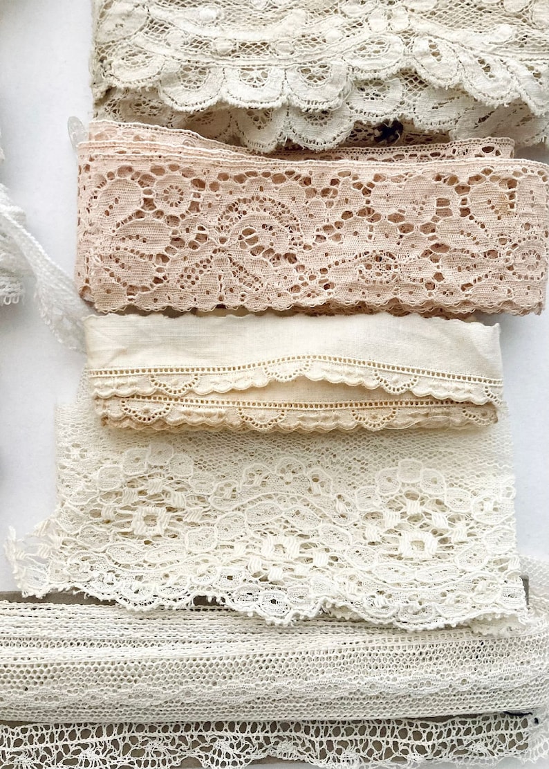 Beautiful antique and vintage lace and trim grab bag. 14 different designs of old cotton laces for Junk journal, slow stitching, textile art image 3