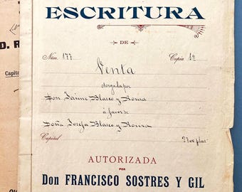 Antique Notarial Act, 1902 Spanish Document, Cotton Paper Calligraphy, Junk Journal Supply