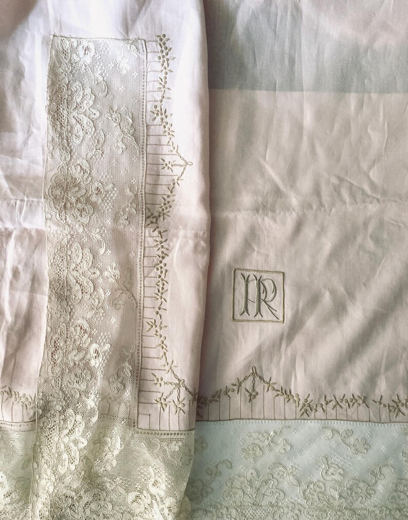 Vintage Monogrammed Queen Size Linen Bedding Set With Floral Embroidery