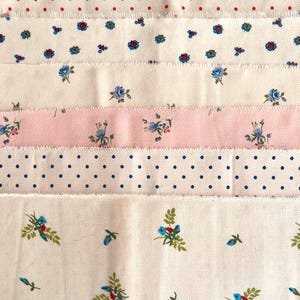 Vintage fabric lot, 7 retro cotton swatches (1930s–1950s) + postcard. Floral and polka dot prints for junk journals, slow stitching