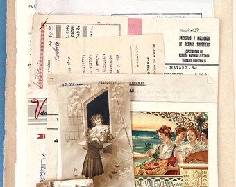 Gemischtes Ephemera Papier Lot. Vintage Junk Journal Ephemera Pack von Geschäftsbüchern, Rechnungen, Umschlägen, antiken Illustrationen, Postkarten. 1900er Jahre Papiere