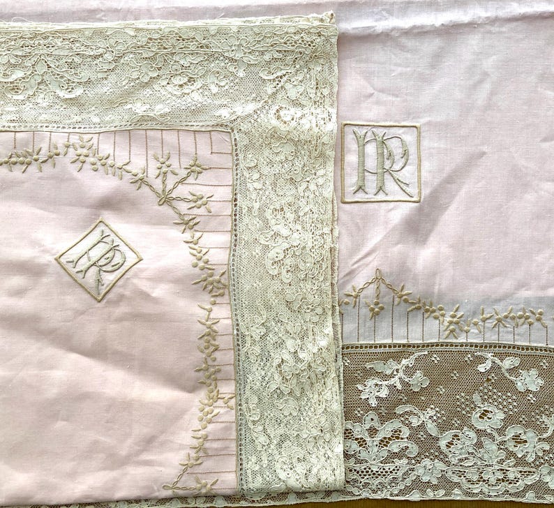 Vintage Monogrammed Queen Size Linen Bedding Set With Floral Embroidery