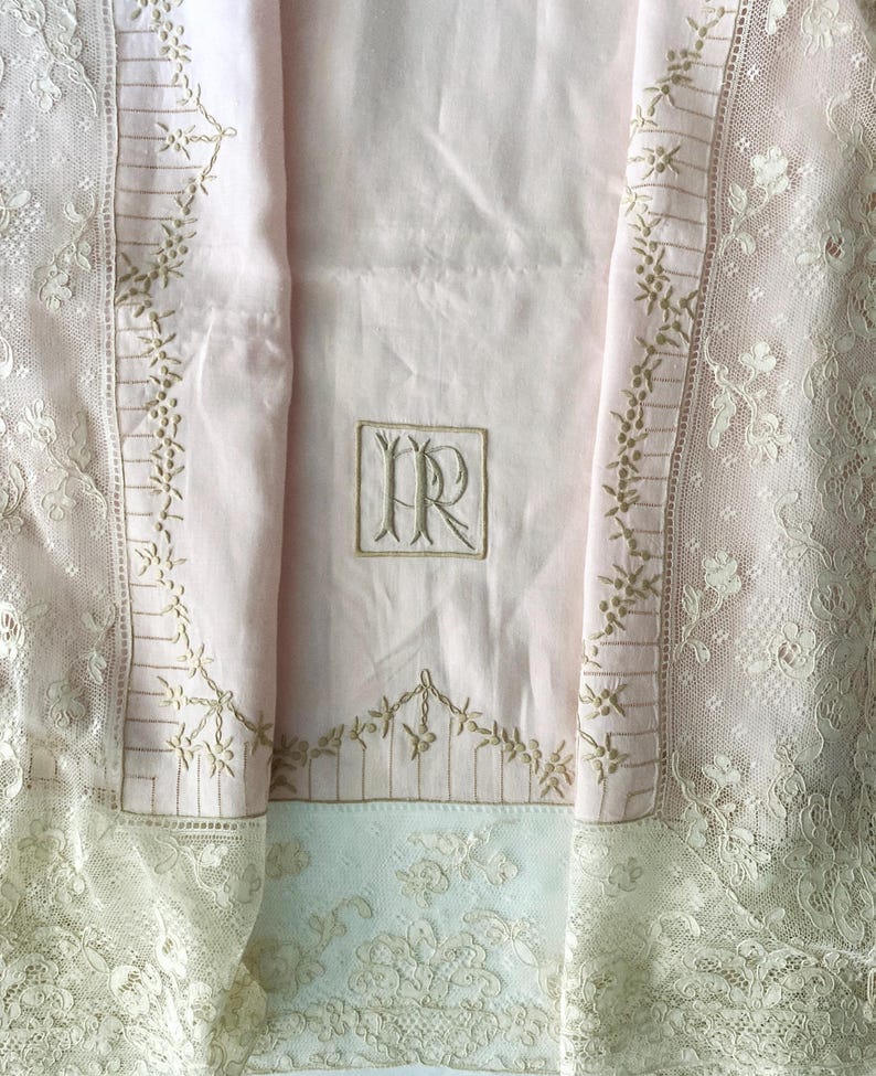 Vintage Monogrammed Queen Size Linen Bedding Set With Floral Embroidery
