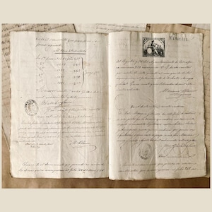 Manoscritto. Documenti notarili calligrafici del XIX secolo - Carta effimera antica. Atti su entrambi i lati. Francobolli antichi. Da 6 a 8 pagine.