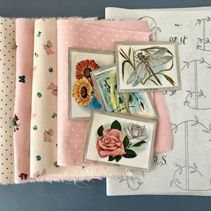 Vintage 1950s & Ephemera Bundle – 6 Floral Cotton Scraps, Antique Postcard and Embroidery Transfer. Junk Journal Kit, Antique Prints
