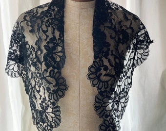 Antique Cotton Fichu with Floral Embroidery - Early 20th Century Religious Veil. Vintage Lace shawl. Smart Lightweight Accessory in black