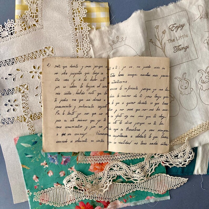 Stitching Journal Pattern Vintage Fabric and Lace Slow Stitching Journal Book Kit. Embroidery ...