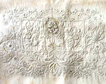 Unique antique pillow cover with embroidered initials. Hand made Floral motifs. Double size pillow from early 20th. old silky cotton thread