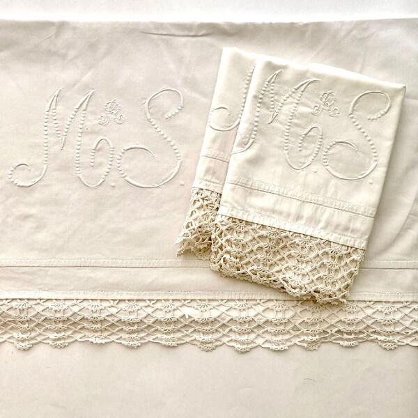 Luxurious Egyptian Cotton Antique King Size Bedding Set with Monogramed Pillow Shams - Bridal Trousseau Collection. Handmade Border Laces