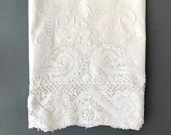 Vintage cotton pillow cover. handmade antique embroidered pillow sham with bobbin lace border. Shabby chic bedding for journal craft