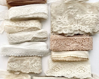 Beautiful antique and vintage lace and trim grab bag. 14 different designs of 6 inches of old cotton laces for Junk journal, slow stitching