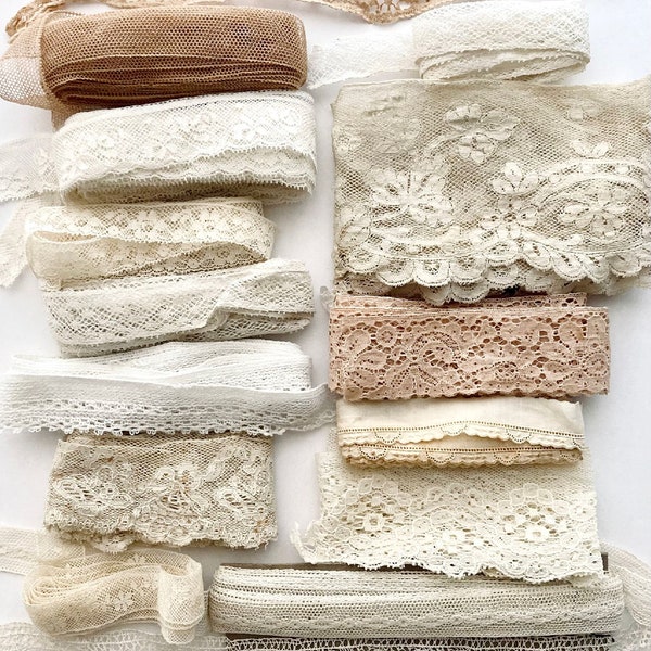 Beautiful antique and vintage lace and trim grab bag. 14 different designs of old cotton laces for Junk journal, slow stitching, textile art