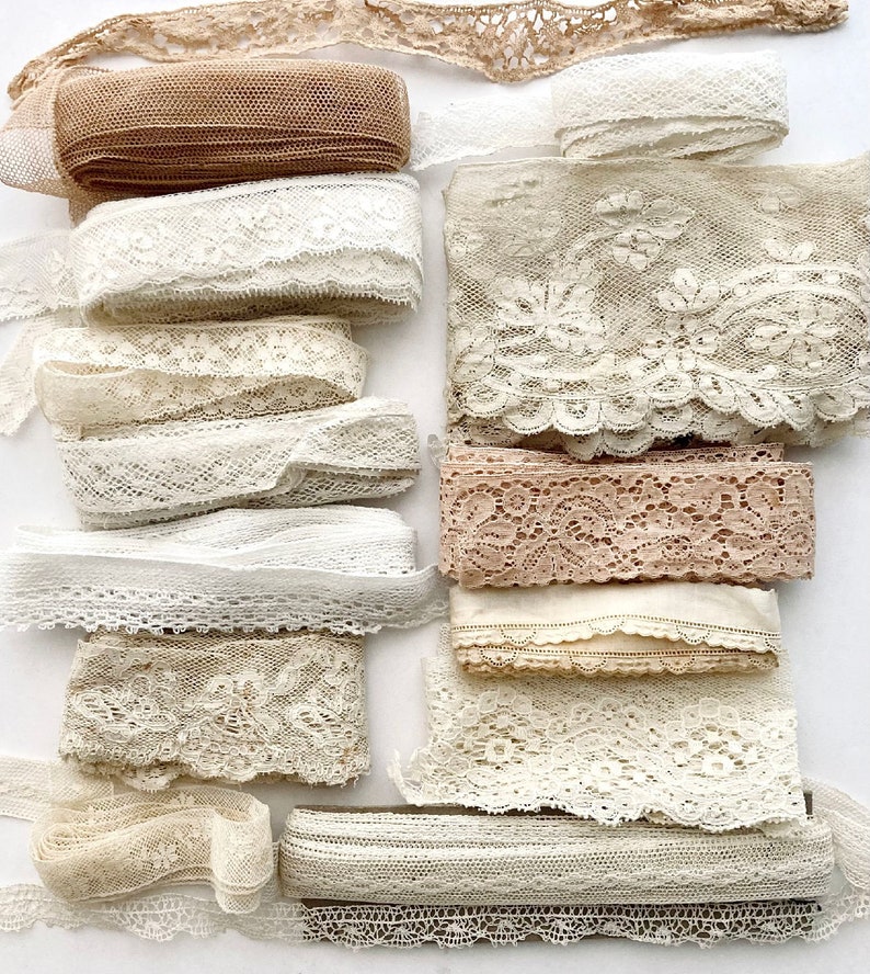 Beautiful antique and vintage lace and trim grab bag. 14 different designs of old cotton laces for Junk journal, slow stitching, textile art image 1