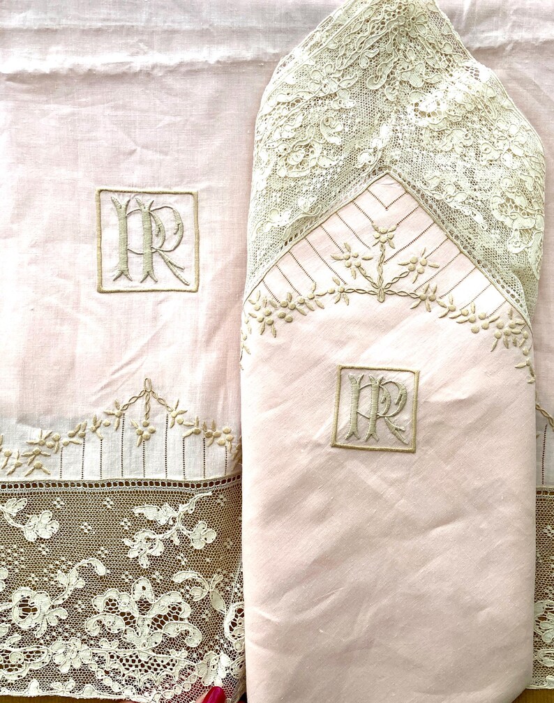 Vintage Monogrammed Queen Size Linen Bedding Set With Floral Embroidery