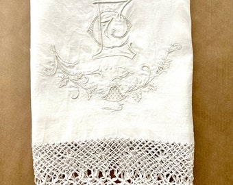 Antique bath towel. Linen damask and hand embroidery monogram and flowers. Hand made ruffles. Vintage shabby chic accent. Decorative towel.