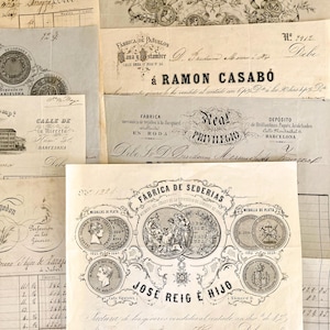 Lote de efímeras antiguas: 4 facturas antiguas con membrete antiguo. Regalo para coleccionistas. Lote de papeles antiguos. Manuscritos. Facturas antiguas.