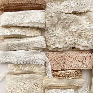 Beautiful antique and vintage lace and trim grab bag. 14 different designs of old cotton laces for Junk journal, slow stitching, textile art image 2