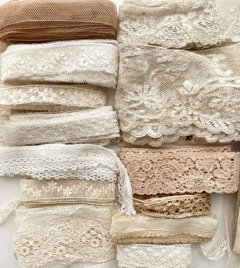 Beautiful antique and vintage lace and trim grab bag. 14 different designs of old cotton laces for Junk journal, slow stitching, textile art image 2
