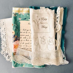 Vintage Fabric and Lace slow stitching journal book Kit. Embroidery pattern printed on old linen. antique laces, fabric and buttons included