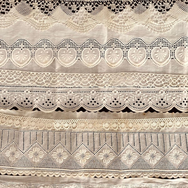 Sac à main en dentelle et bordures anciennes et vintage. 10 motifs différents de lacets anciens en coton, lin et chanvre pour journal Junk, couture lente, oeuvre d'art