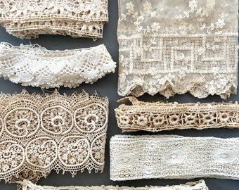 Retro and vintage lace and trim grab bag. 8 designs of old cotton, linen, hemp laces for Junk journal, slow stitching, making doll dresses.