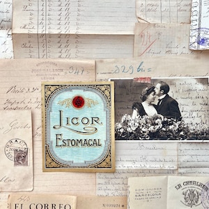 Pacco di diari di carta antica e spazzatura. Kit di registri, fatture, ricevute, buste, lettere scritte a mano, cartoline, etichette, azioni, atti legali
