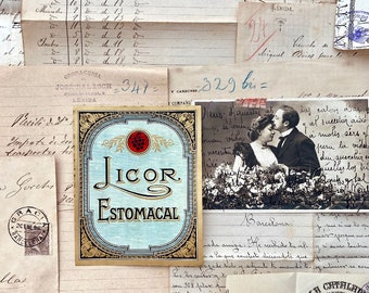 Bundel met antiek papierafval. Set met grootboeken, facturen, bonnen, enveloppen, handgeschreven brieven, ansichtkaarten, etiketten, voorraden, rechtshandelingen