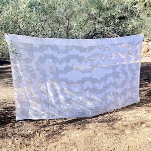 Antique Linen Tablecloth with Filet Lace. Large Hand Embroidered Table Cover. Large Tablemat. Elegant dinner tablecloth