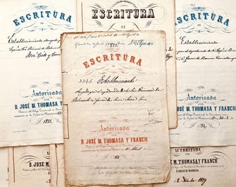 Antique Paper Arts: Handwritten Manuscript Notarial Act from 19th Century. Double-sided Written Documents. Antique cotton paper.