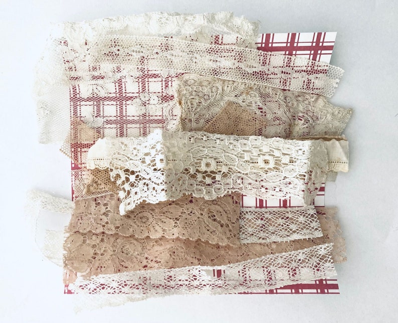 Beautiful antique and vintage lace and trim grab bag. 14 different designs of old cotton laces for Junk journal, slow stitching, textile art image 8