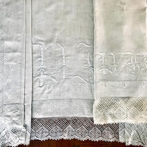 Antique Bedding with handmade Bobbin Lace Trims. Hand Embroidered big monograms. Antique rustic linen
