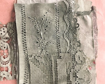 Vintage textile scrap pack, 10–12 pcs dyed shabby green with lace and embroidery. Perfect for junk journals, slow stitching or Christmas