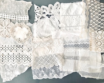Lace and fabric scrap lot. Creative inspiration textile pack, Snippet roll kit, Slow stitch kit, Junk journal pack, Mixed collage media.