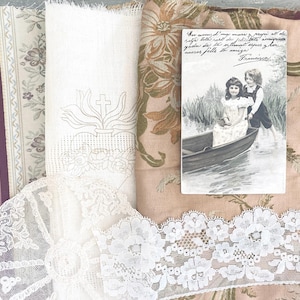 Antique Fabric and Lace slow stitching Journal Kit. Antique postcard and laces. embroidery old damask sacred heart pattern. Textile art