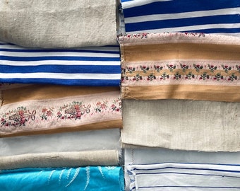 Antique fabric Bundle: 5 vintage Pieces of unique Textiles. early 20th Century Linen, Silk and cotton. junk journal or slow stitching set