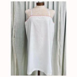Antique 1920s Cotton Slip – Pale Red Neckline Trim & Floral Embroidery – Flapper Lingerie Nightgown – Ribbon Strap Vintage Chemise