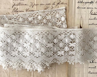 Early 20th Century Antique Bobbin Lace. Waves Border Trim on Raw cotton. Doll making, slow stitching, journal. Sold by meters. Made on loom