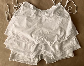 Antique Cotton Lingerie Short. 1920s Handmade Embroidery, French Lace, Monogrammed.