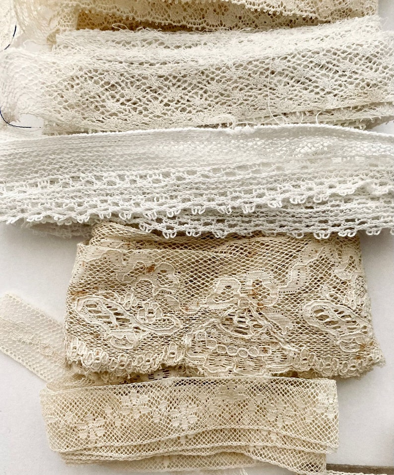 Beautiful antique and vintage lace and trim grab bag. 14 different designs of old cotton laces for Junk journal, slow stitching, textile art image 5