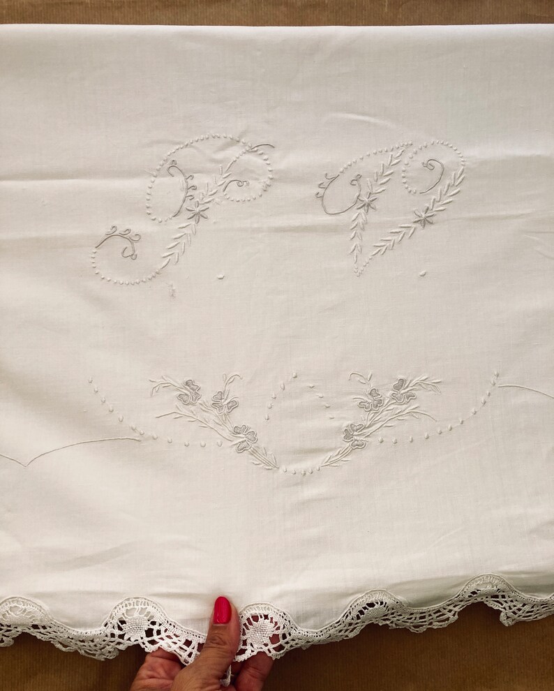 Antique Cotton Queen Size Sheet. Cover Sheet Monogramed in White