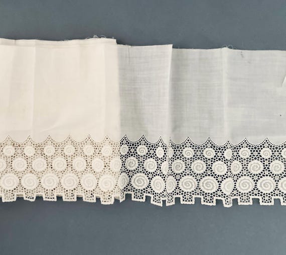 Vintage Embroidered Anglaise Ruffled trim. Needlepoint Antique cotton Lace. Eyelet Embroidery. Victorian Salvage