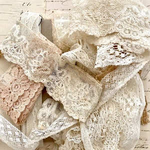 Beautiful antique and vintage lace and trim grab bag. 14 different designs of old cotton laces for Junk journal, slow stitching, textile art image 9