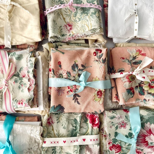 pièces vintage françaises en coton, lin et soie pour l'artisanat. Chutes de textile récupérées. Tissu ancien pour journal indésirable, couture lente