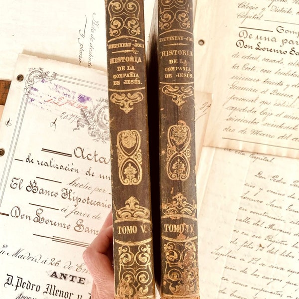 Antique French History Leather Bound Book: 19th Century ornate Leather bound book with gold filigree. for Shelf, Table Decor or junk journal