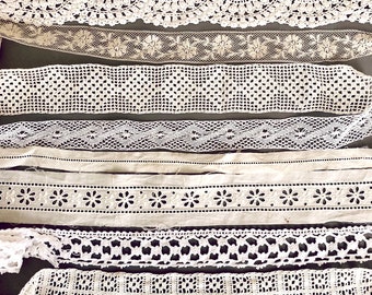 Beautiful antique and vintage lace and trim grab bag. 8 different designs of old cotton and linen laces for Junk journal, slow stitching