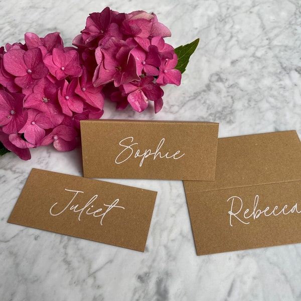 Personalised place card for rustic shabby chic wedding & party - Kraft card with white lettering